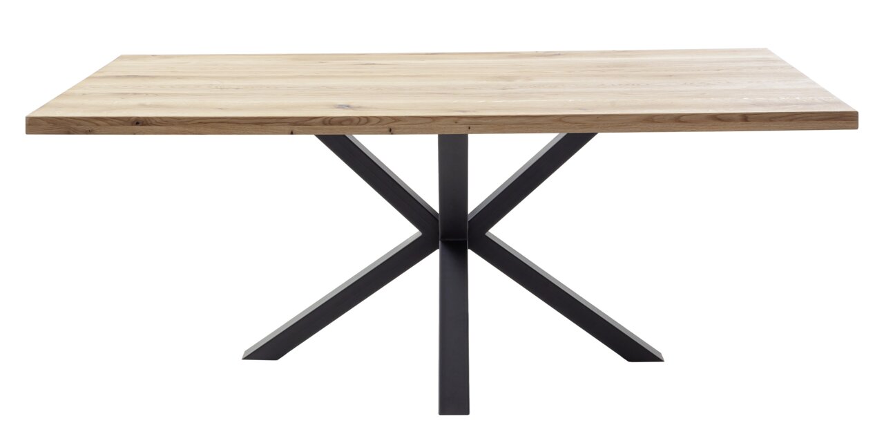 Moderner Esstisch mit Holzplatte und schwarzem Metallgestell, seitliche Perspektive