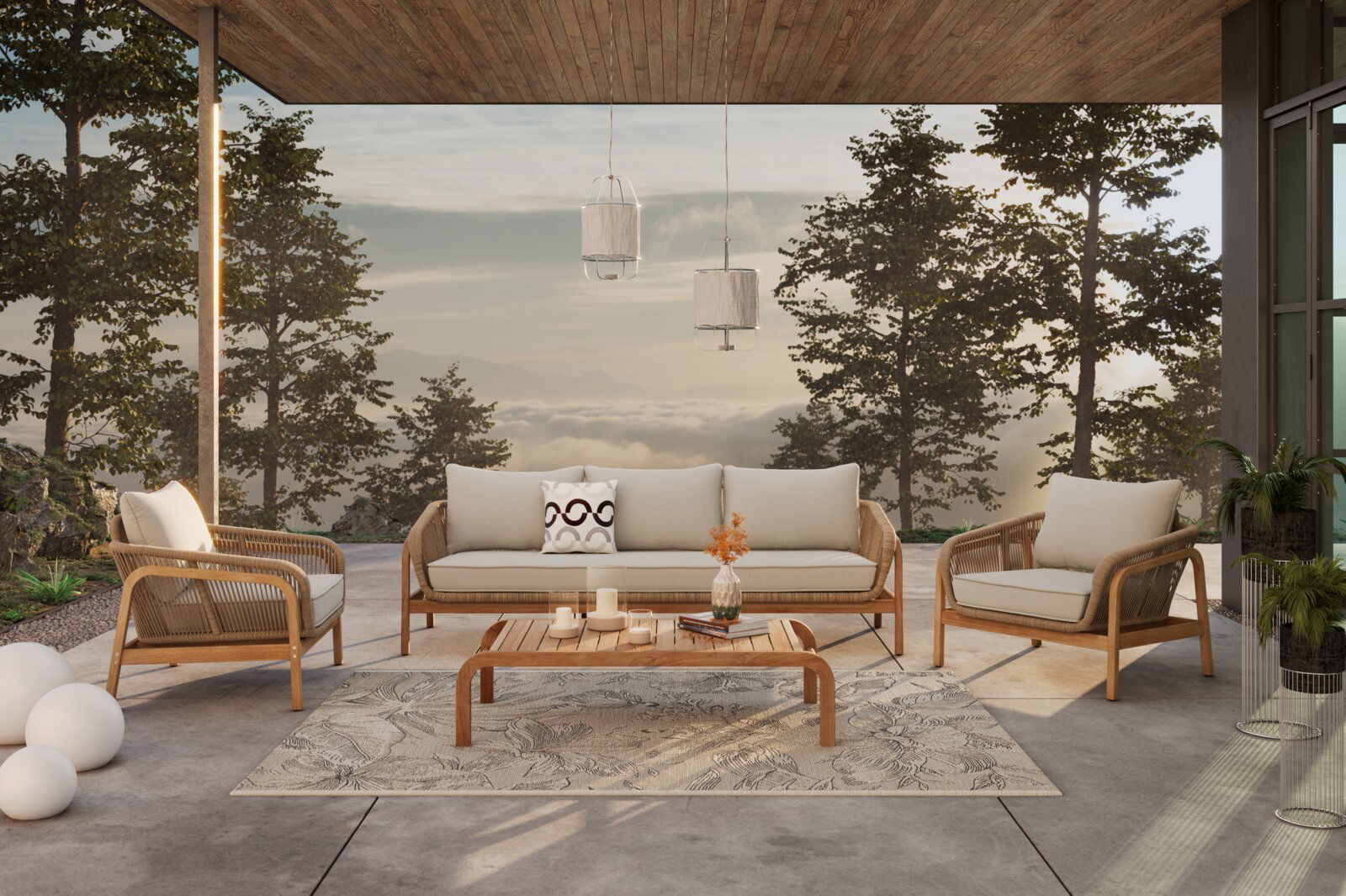 Loungegarnitur-Set auf einer Terrasse mit Blick auf einen bewaldeten Hang bei Sonnenuntergang, bestehend aus einem Sofa, zwei Sesseln und einem Couchtisch aus Holz, dekoriert mit Kissen und Kerzen.
