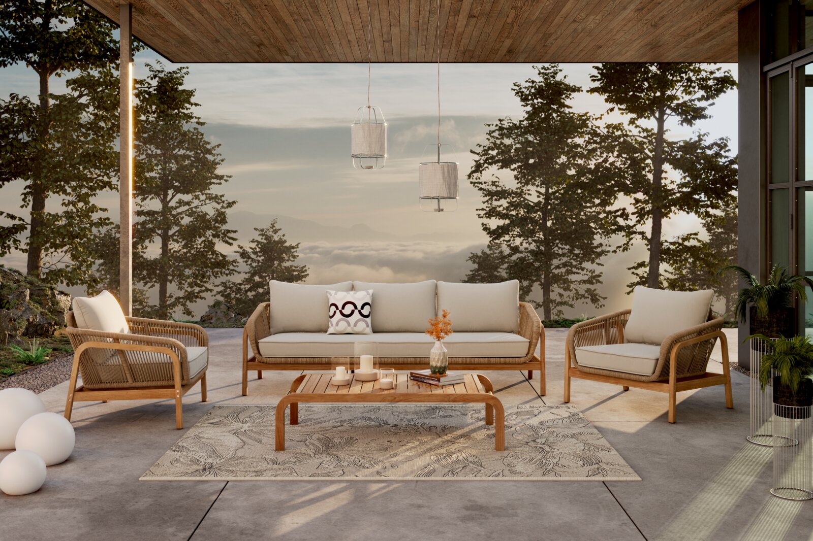 Amatio Loungegarnitur-Set CAMEO Loungegarnitur-Set auf einer Terrasse mit Blick auf einen bewaldeten Hang bei Sonnenuntergang, bestehend aus einem Sofa, zwei Sesseln und einem Couchtisch aus Holz, dekoriert mit Kissen und Kerzen.