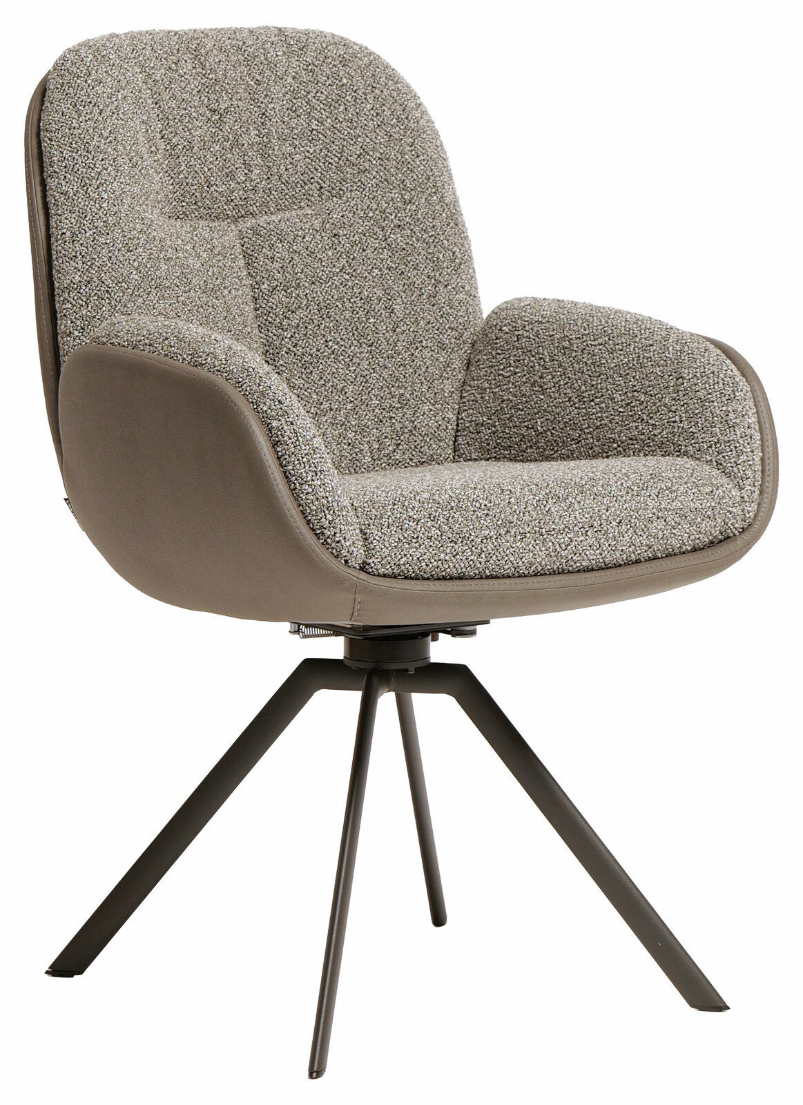 Moderner Armlehnstuhl mit grauem Stoffbezug und braunen Lederakzenten, auf schwarzem Metallgestell, seitliche Perspektive