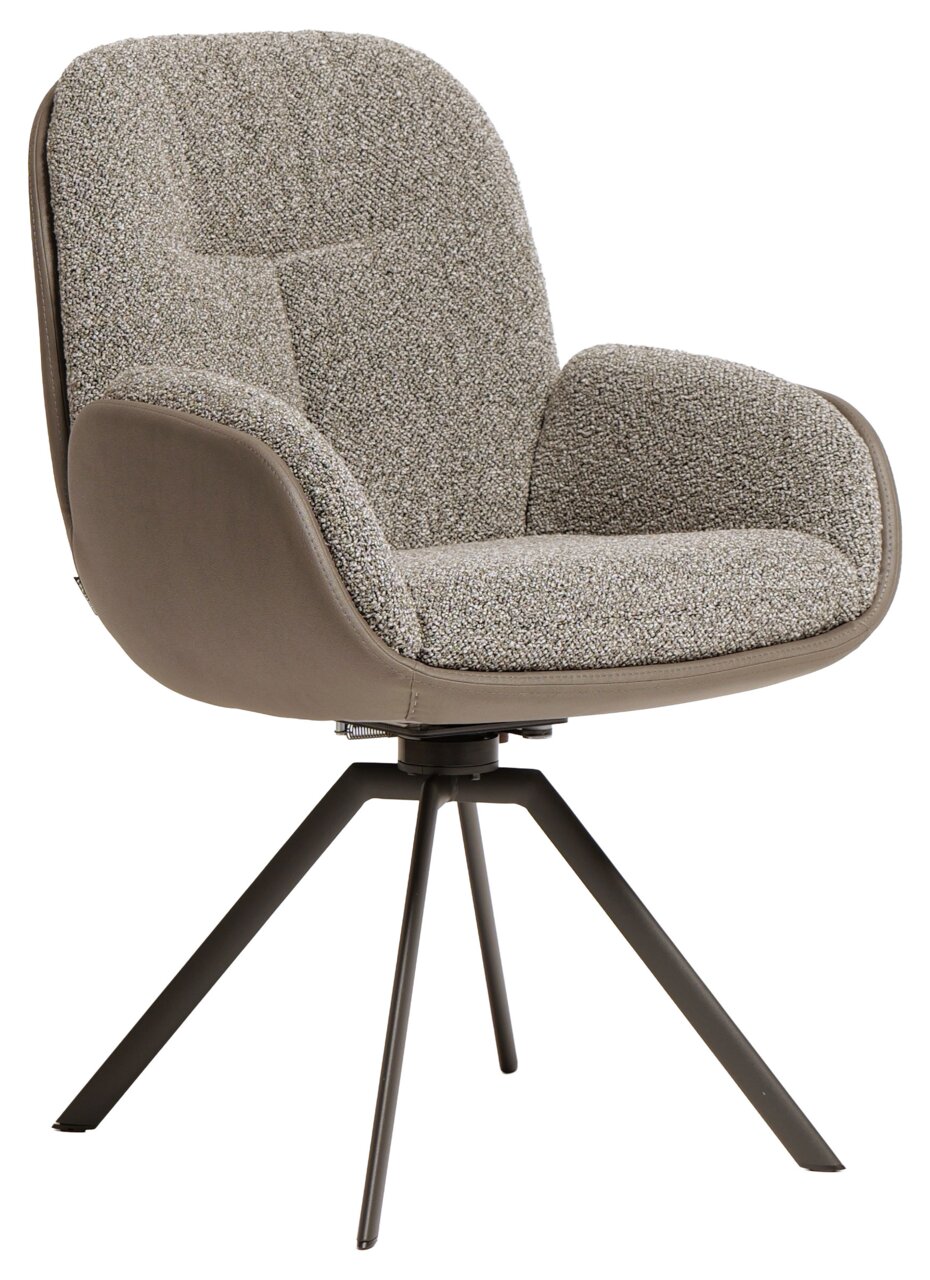 Moderner Armlehnstuhl mit grauem Stoffbezug und braunen Lederakzenten, auf schwarzem Metallgestell, seitliche Perspektive