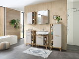 Moderner Waschbeckenunterschrank in einem stilvollen Badezimmer, frontal betrachtet, mit Holz- und weißen Elementen, umgeben von weiteren passenden Badmöbeln.