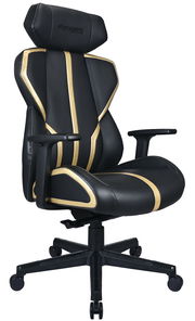 Schwarzer Gaming-Stuhl mit goldenen Akzenten, seitliche Perspektive