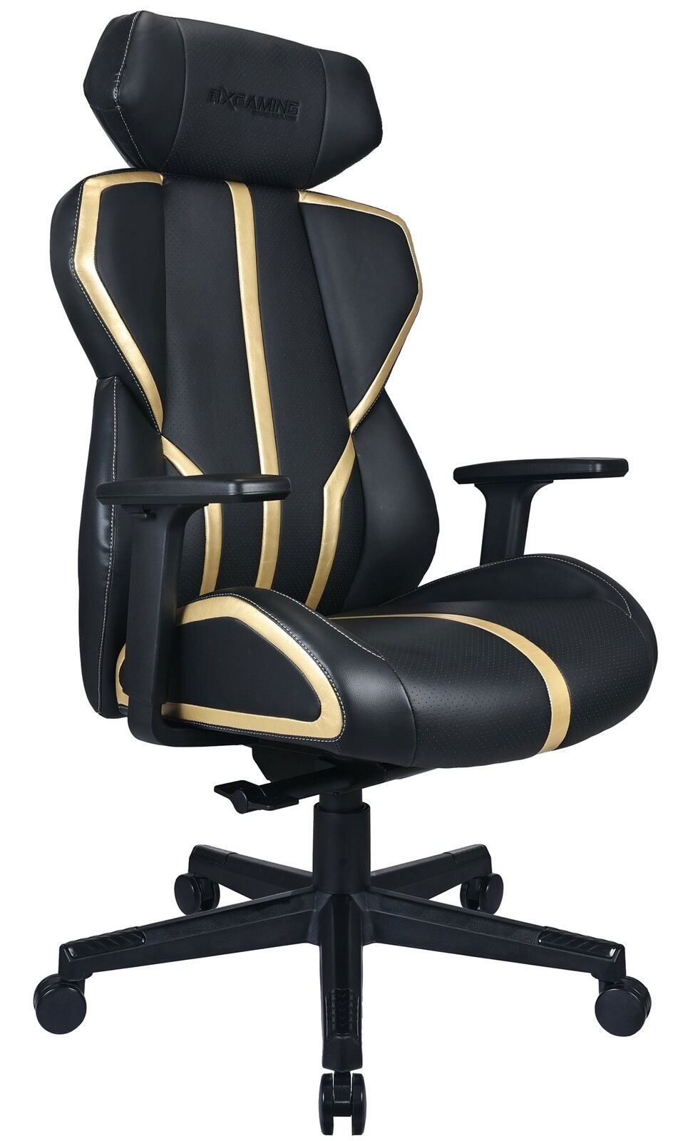 Schwarzer Gaming-Stuhl mit goldenen Akzenten, seitliche Perspektive