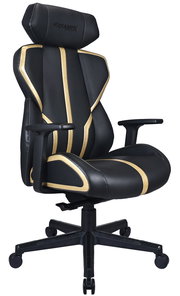 Schwarzer Gaming-Stuhl mit goldenen Akzenten, seitliche Perspektive