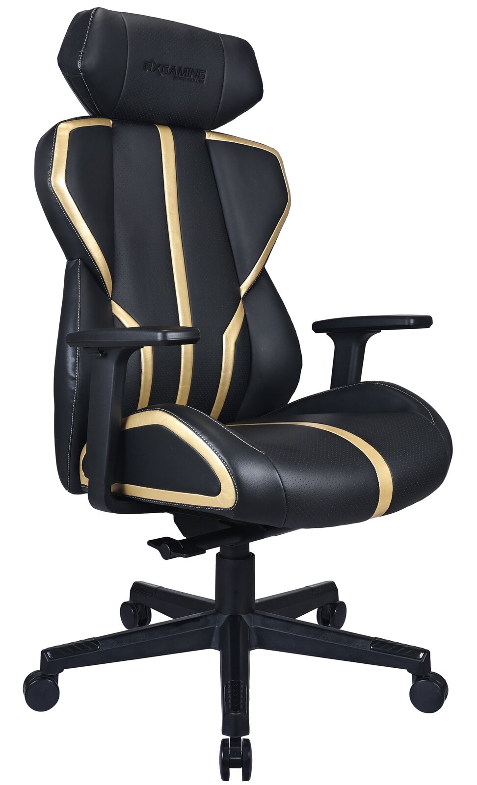 Schwarzer Gaming-Stuhl mit goldenen Akzenten, seitliche Perspektive