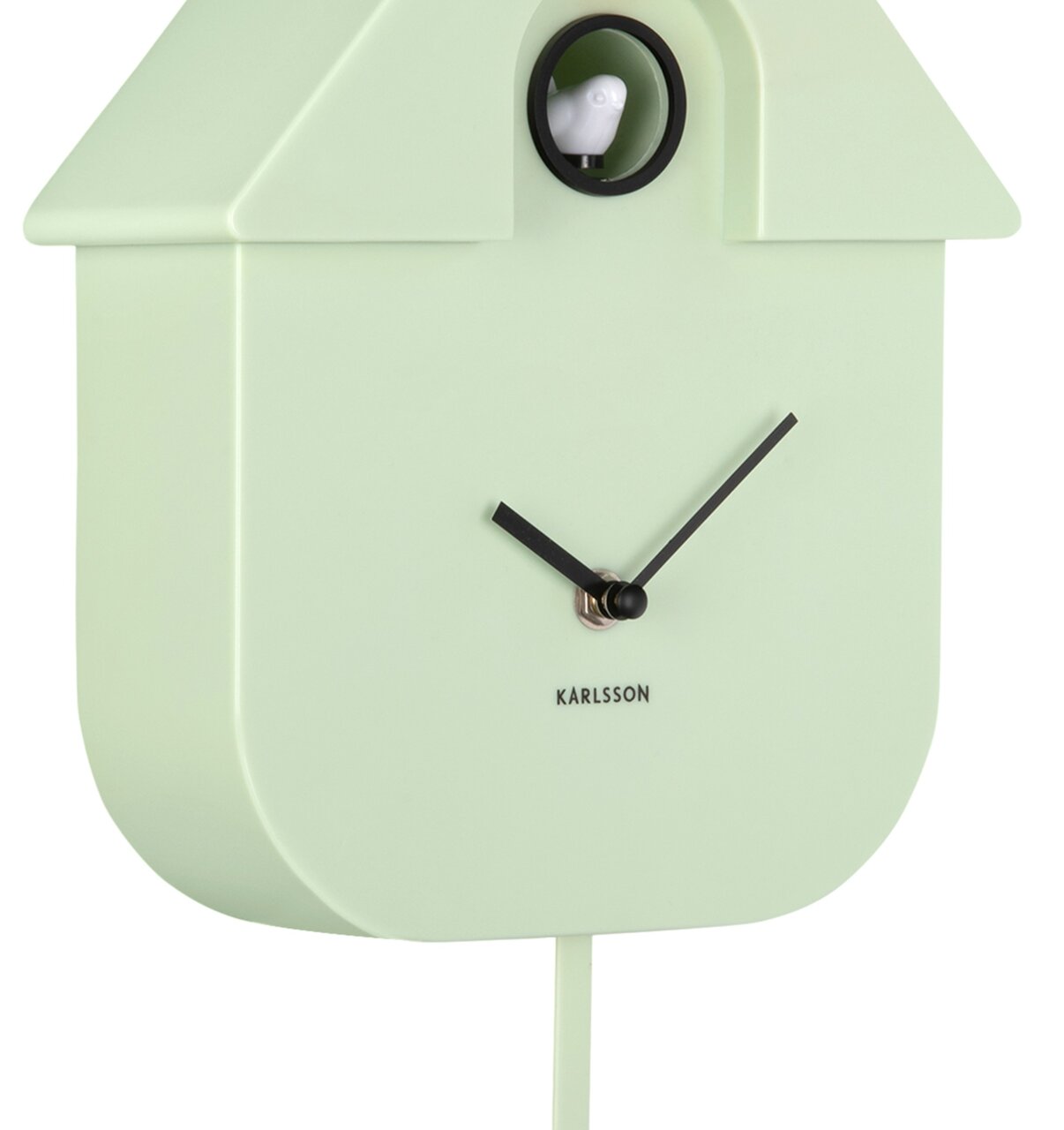Moderne wandklok in de vorm van een huis met koekoek, zijaanzicht