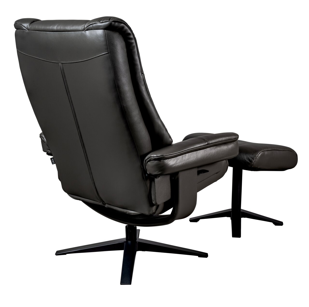 Rückansicht eines schwarzen Relaxsessels mit Hocker, beide auf einem stabilen Metallfuß.
