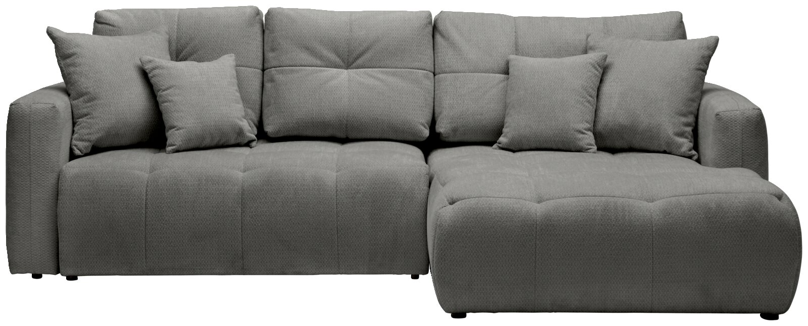 Graues Ecksofa mit mehreren Kissen, frontal betrachtet