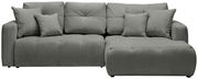 Graues Ecksofa mit mehreren Kissen, frontal betrachtet
