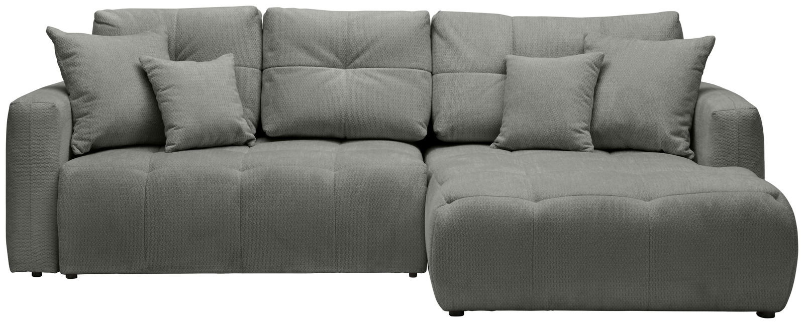 Graues Ecksofa mit mehreren Kissen, frontal betrachtet