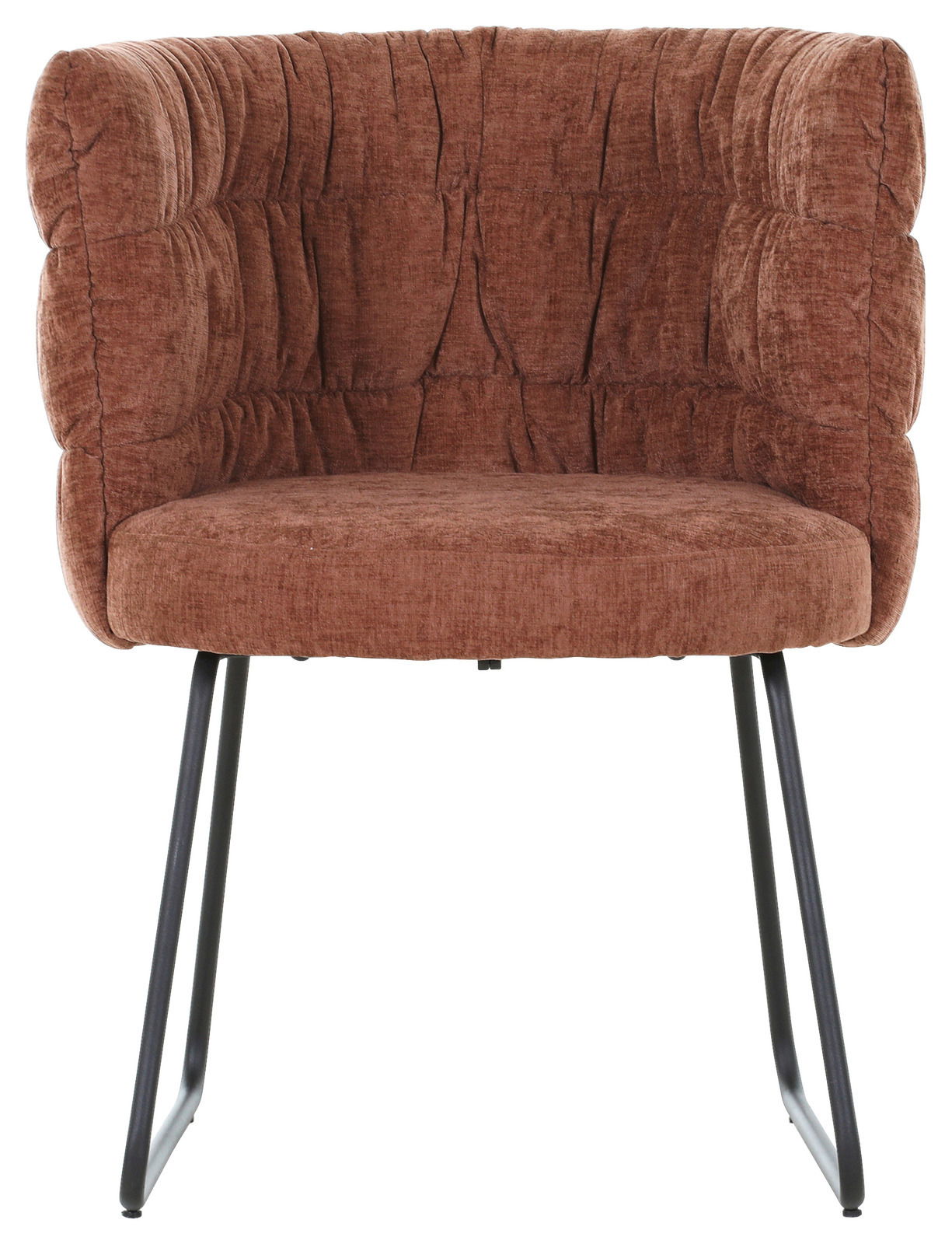 Brauner Armlehnstuhl mit gepolsterter Rückenlehne und Metallbeinen, Frontalansicht