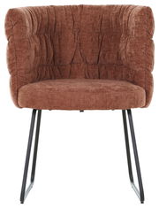 Brauner Armlehnstuhl mit gepolsterter Rückenlehne und Metallbeinen, Frontalansicht