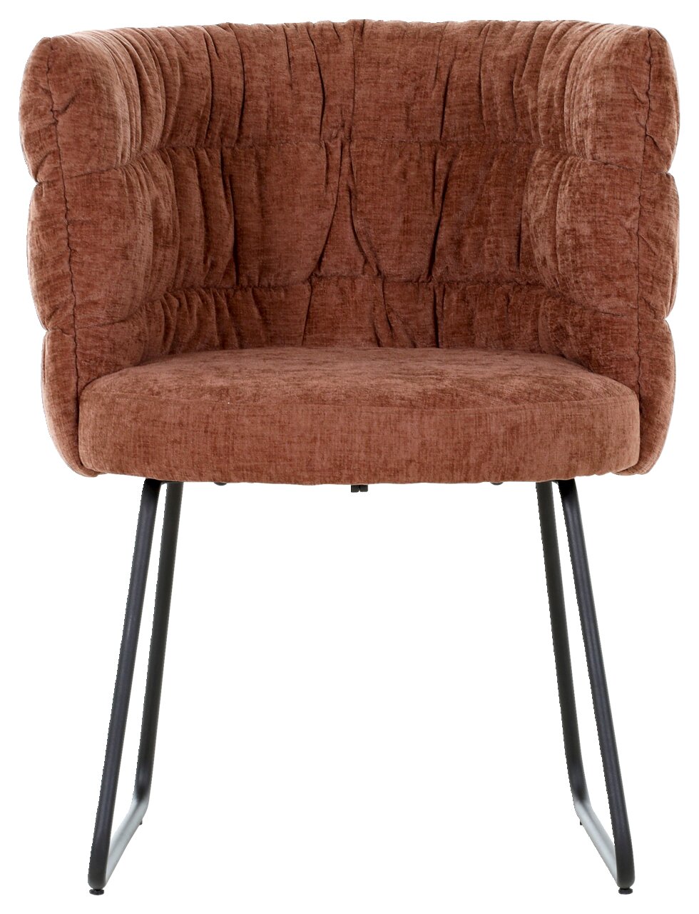 Brauner Armlehnstuhl mit gepolsterter Rückenlehne und Metallbeinen, Frontalansicht