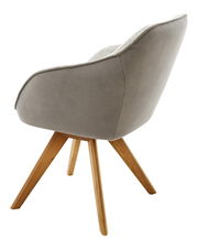 Grauer Sessel mit Holzbeinen, seitliche Rückansicht