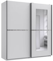 Moderner Schwebetürenschrank mit zwei Türen, einer Spiegelverkleidung und dekorativem Streifen, Frontalansicht