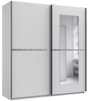 Moderner Schwebetürenschrank mit zwei Türen, einer Spiegelverkleidung und dekorativem Streifen, Frontalansicht