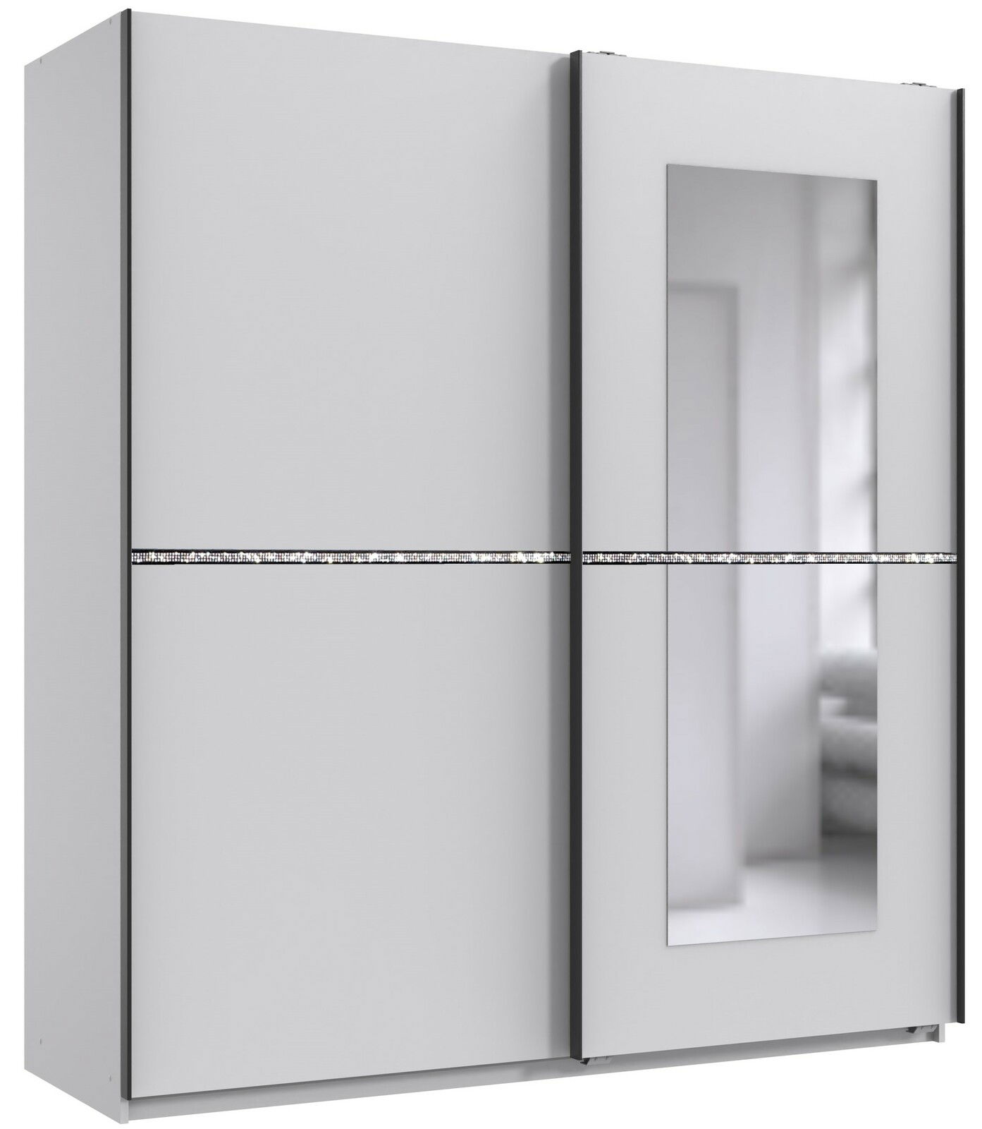 Moderner Schwebetürenschrank mit zwei Türen, einer Spiegelverkleidung und dekorativem Streifen, Frontalansicht