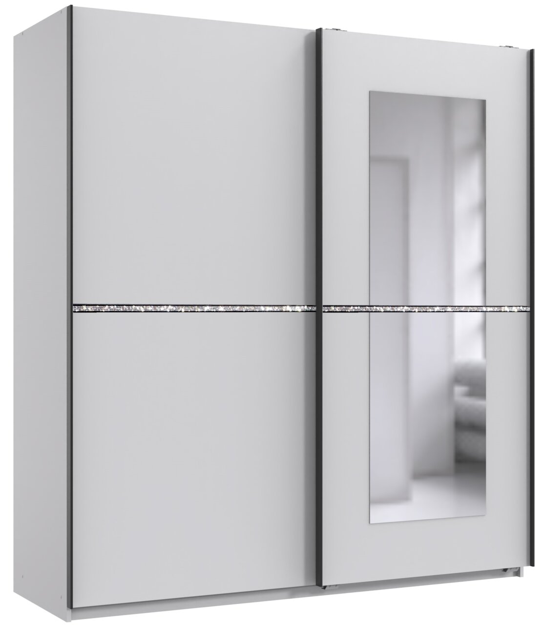 Moderner Schwebetürenschrank mit zwei Türen, einer Spiegelverkleidung und dekorativem Streifen, Frontalansicht