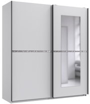 Moderner Schwebetürenschrank mit zwei Türen, einer Spiegelverkleidung und dekorativem Streifen, Frontalansicht