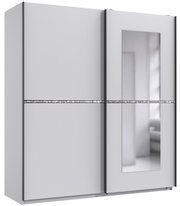 Moderner Schwebetürenschrank mit zwei Türen, einer Spiegelverkleidung und dekorativem Streifen, Frontalansicht