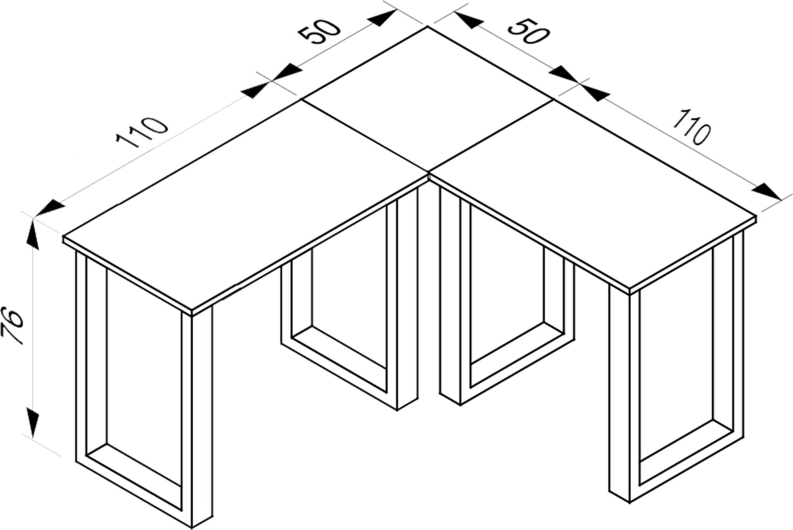 Isometrische technische Zeichnung eines L-förmigen Eckschreibtischs mit Maßangaben (Höhe ca. 76 cm, Schenkel je ca. 110 cm, Eckstück ca. 50 cm)