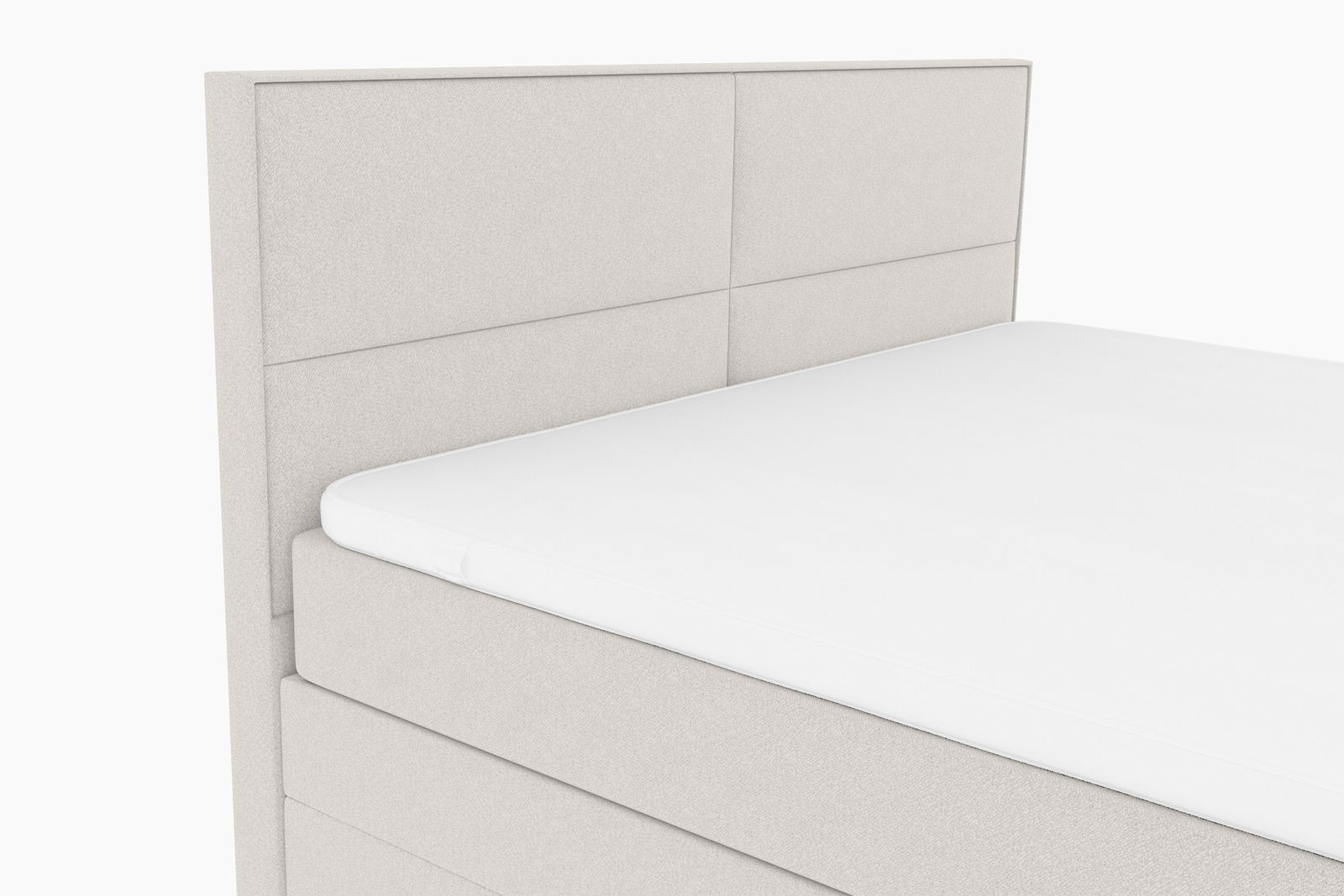 Boxspringbett in hellem Stoffbezug, seitliche Perspektive