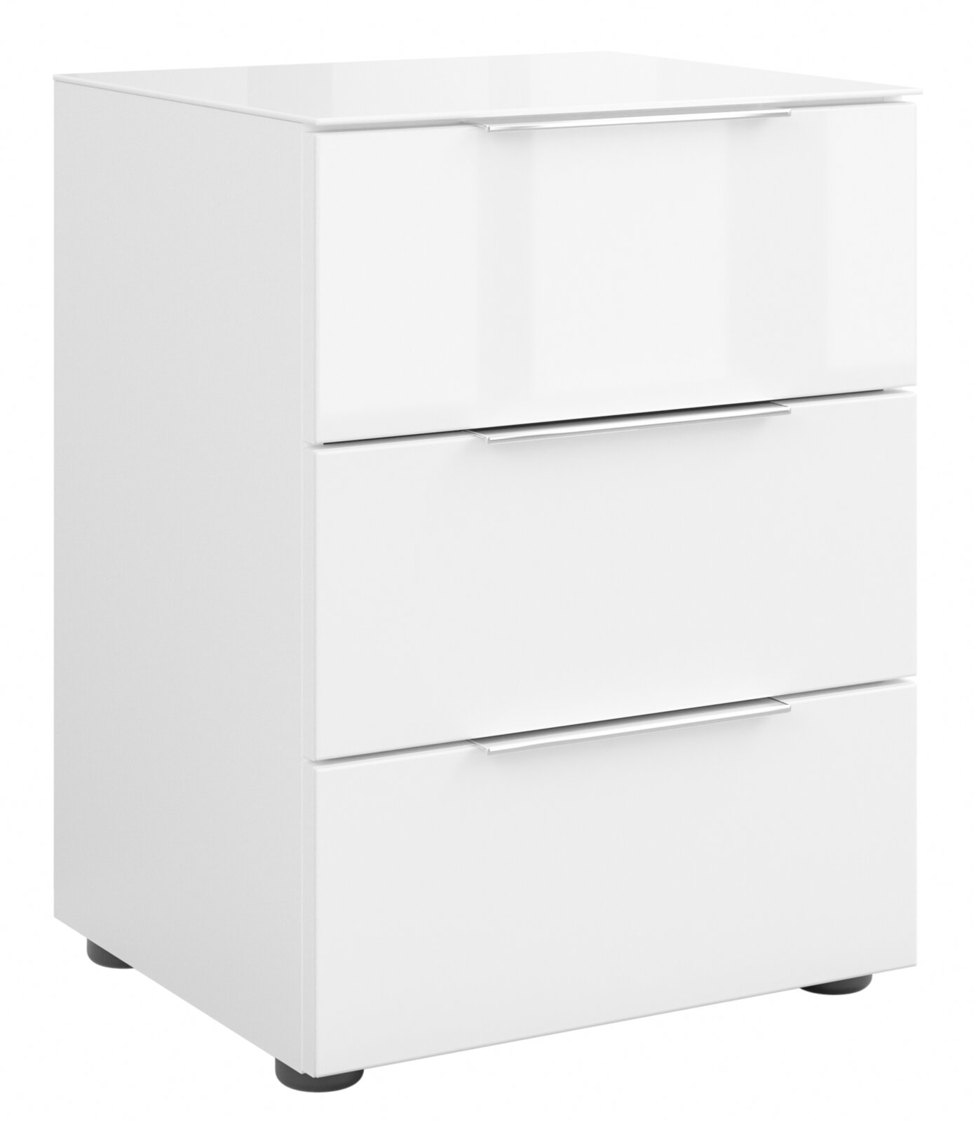 Weiße Nachtkommode mit drei Schubladen, seitliche Perspektive
