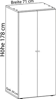 Skizze eines zweitürigen Schranks mit Maßen Breite 71 cm, Höhe 178 cm, Tiefe 39 cm, in schräger Frontansicht (3/4-Perspektive)
