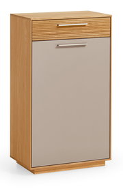 Moderner Schuhschrank aus Holz mit einer Schublade und einer Tür, frontal fotografiert.