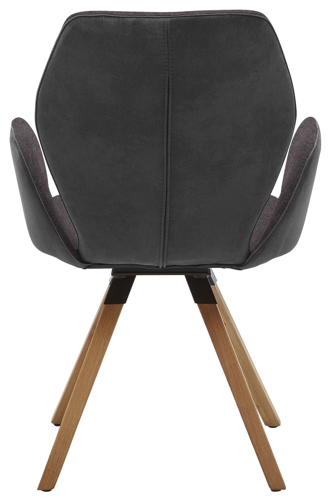 Rückansicht eines modernen Armlehnenstuhls mit dunklem Polster und Holzbeinen