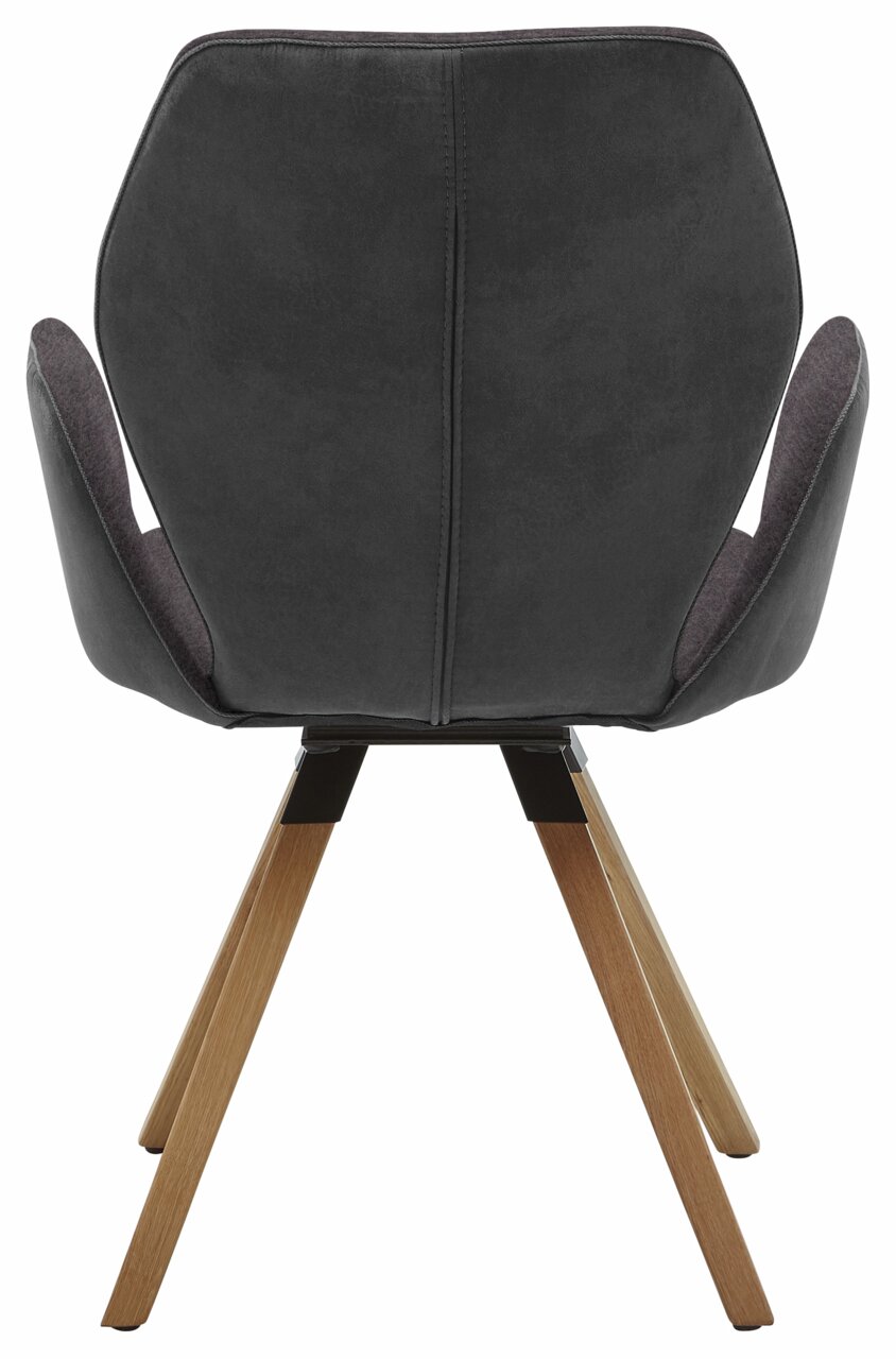 Achterkant van een moderne fauteuil met donkere bekleding en houten poten