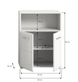Weißer Standschrank mit zwei offenen Türen, drei Fächern und Maßen 80 cm Höhe, 60 cm Breite, 30 cm Tiefe, frontale Ansicht.