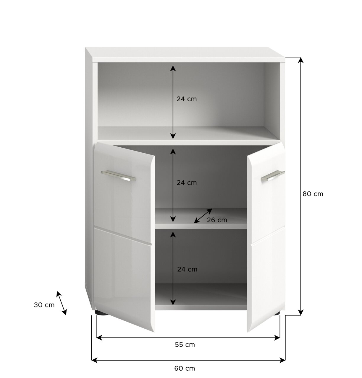 Weißer Standschrank mit zwei offenen Türen, drei Fächern und Maßen 80 cm Höhe, 60 cm Breite, 30 cm Tiefe, frontale Ansicht.