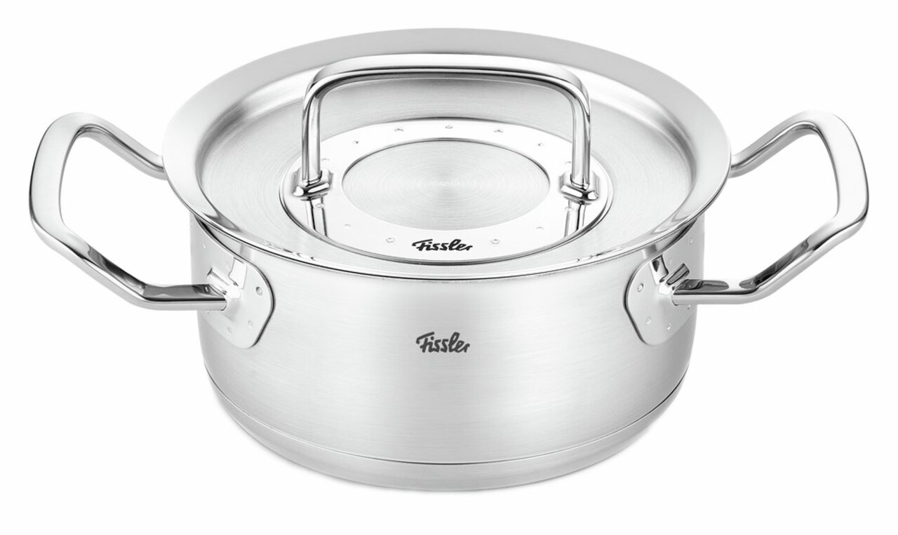 Fissler Bratentopf 16cm ORIGINAL-PROFI COLLECTION 2 Bratentopf aus Edelstahl mit Metalldeckel, seitliche Perspektive