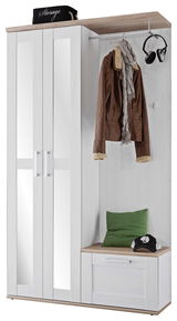 Kompakt-Garderobe in weiß mit Spiegeln, brauner Jacke, Kopfhörern und grünem Kissen, seitliche Perspektive