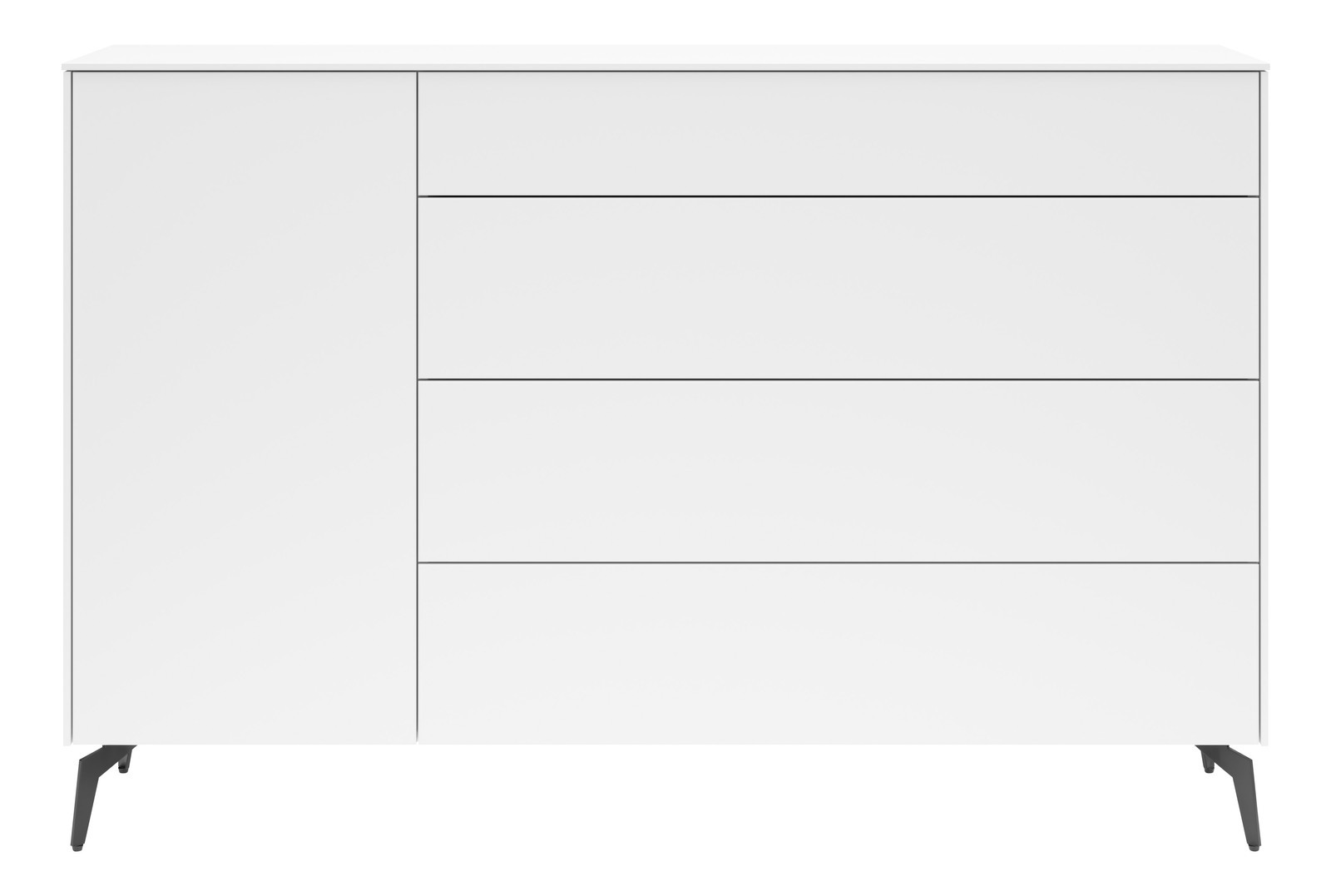 Weiße Kommode mit vier Schubladen und einer Tür, moderne schwarze Beine, Frontalansicht