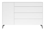 Weiße Kommode mit vier Schubladen und einer Tür, moderne schwarze Beine, Frontalansicht