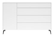 Weiße Kommode mit vier Schubladen und einer Tür, moderne schwarze Beine, Frontalansicht