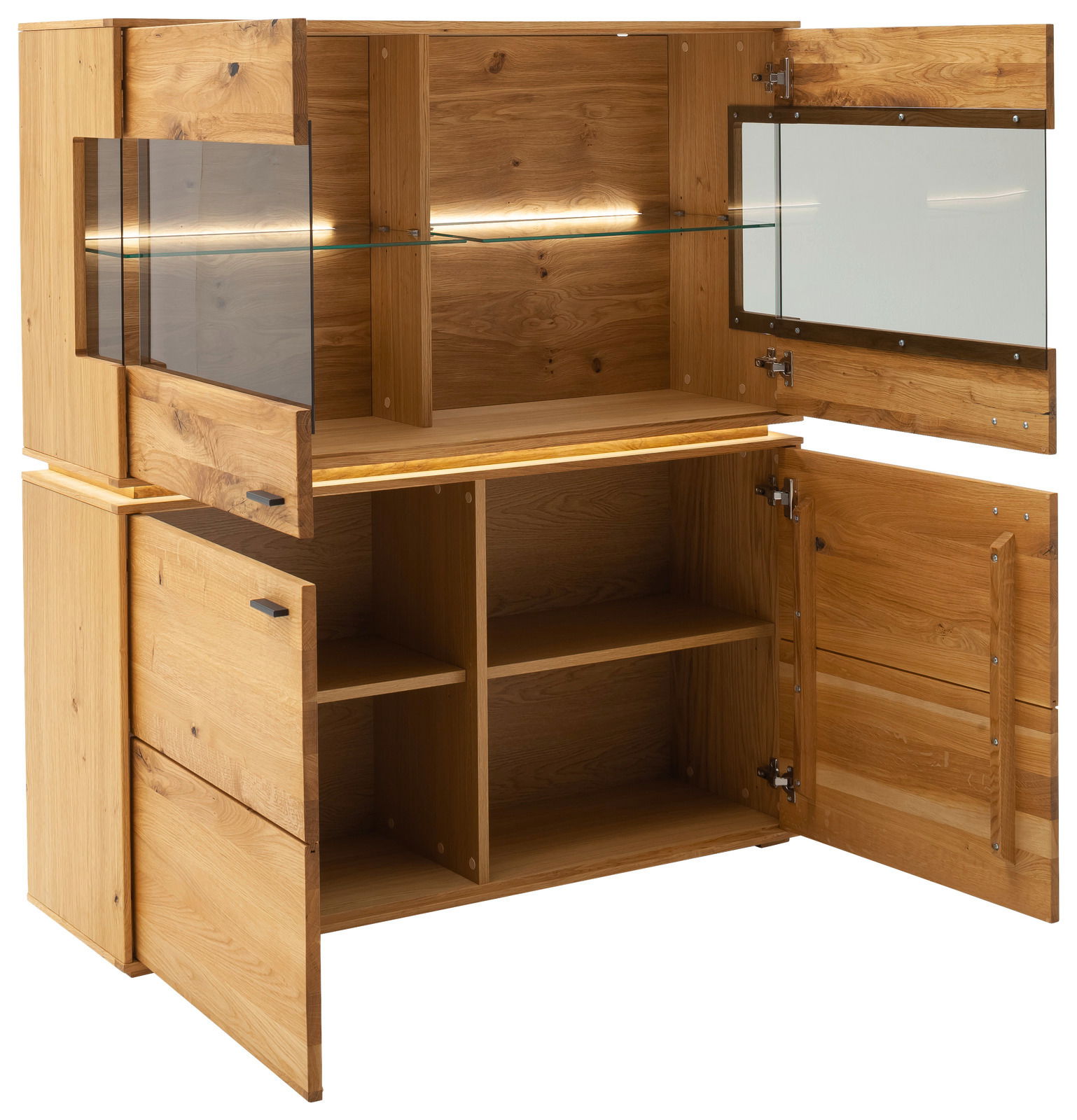 Geöffnetes Highboard aus Holz mit Glaselementen und LED-Beleuchtung, seitliche Perspektive