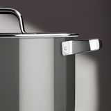 Nahaufnahme eines grauen Kochtopfs mit glänzendem Edelstahlgriff und Deckel, seitliche Perspektive.