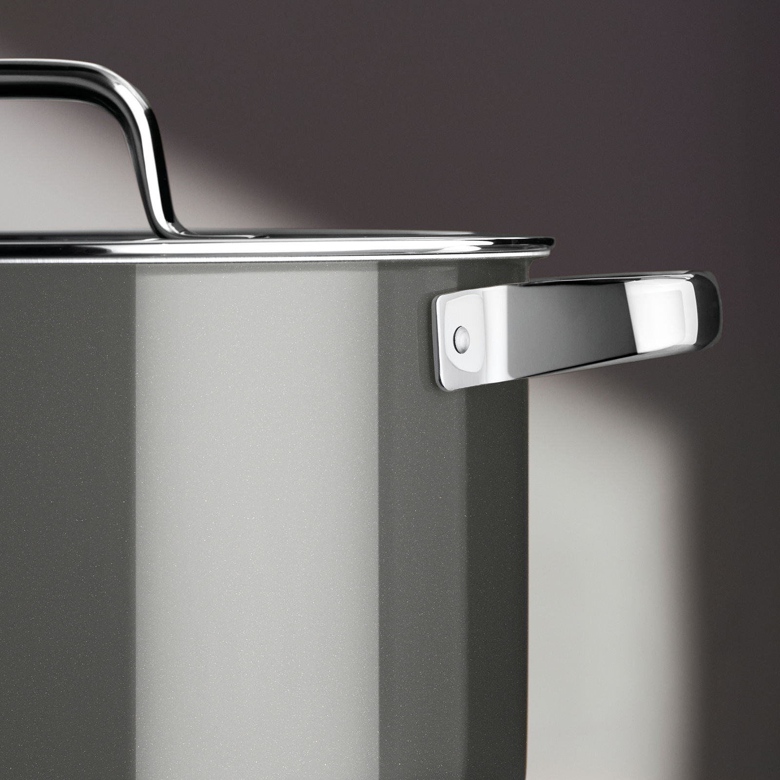 WMF Topfset 4-tlg. FUSIONTEC MINERAL PRO Nahaufnahme eines grauen Kochtopfs mit glänzendem Edelstahlgriff und Deckel, seitliche Perspektive.