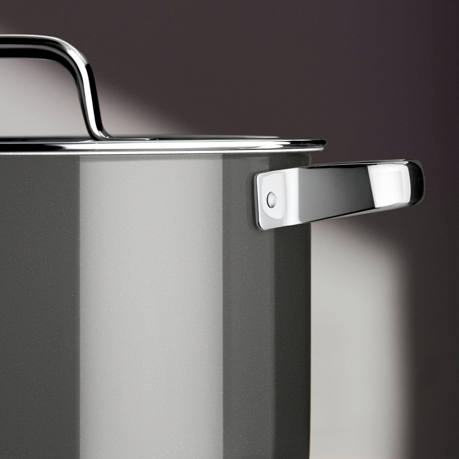 WMF Topfset 4-tlg. FUSIONTEC MINERAL PRO Nahaufnahme eines grauen Kochtopfs mit glänzendem Edelstahlgriff und Deckel, seitliche Perspektive.