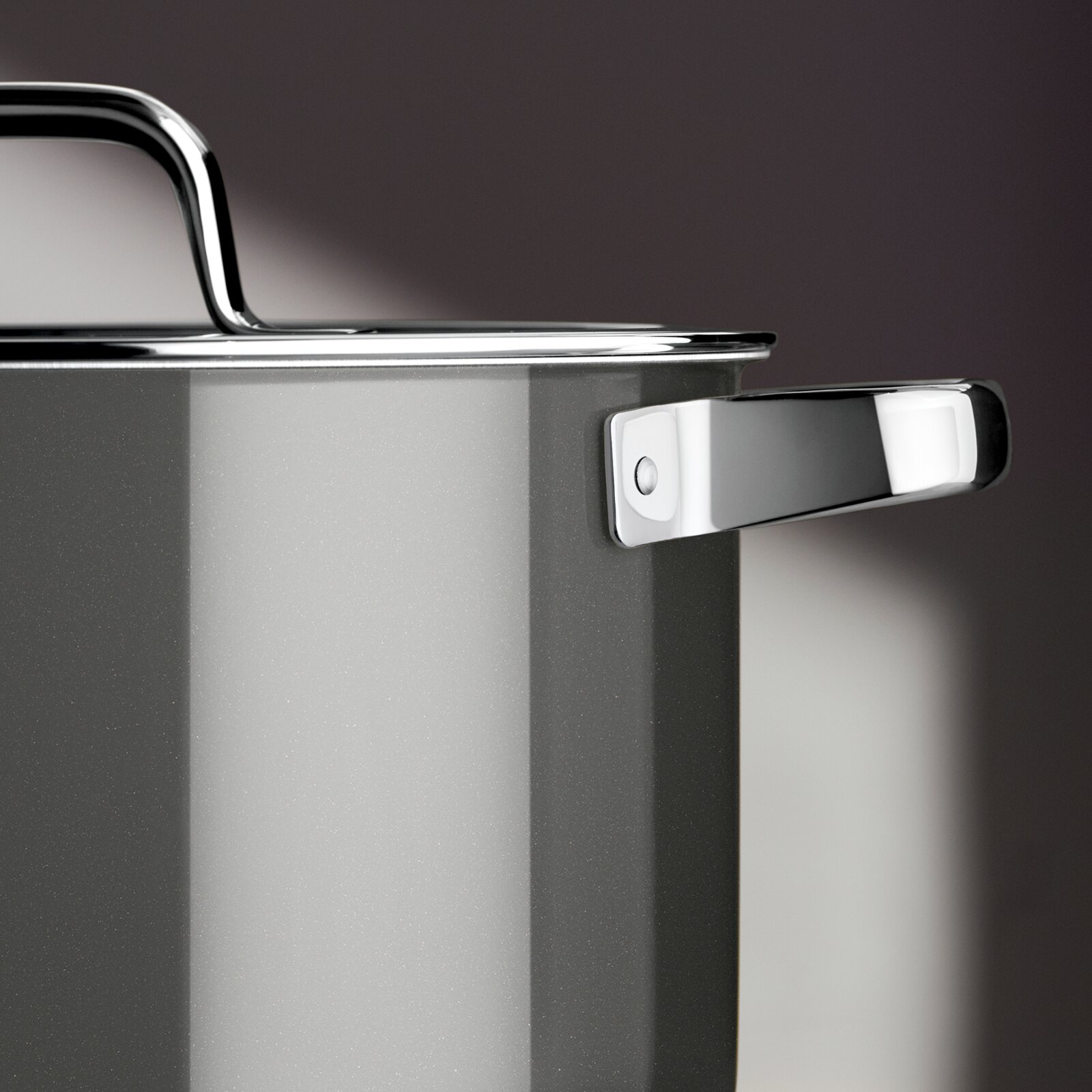 WMF 4-delige pannenset FUSIONTEC MINERAL PRO Close-up van een grijze kookpan met een glanzend roestvrijstalen handvat en deksel, gezien vanaf de zijkant.