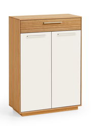 Moderner Schuhschrank aus Holz mit weißer Front, zwei Türen und einer Schublade, seitliche Perspektive