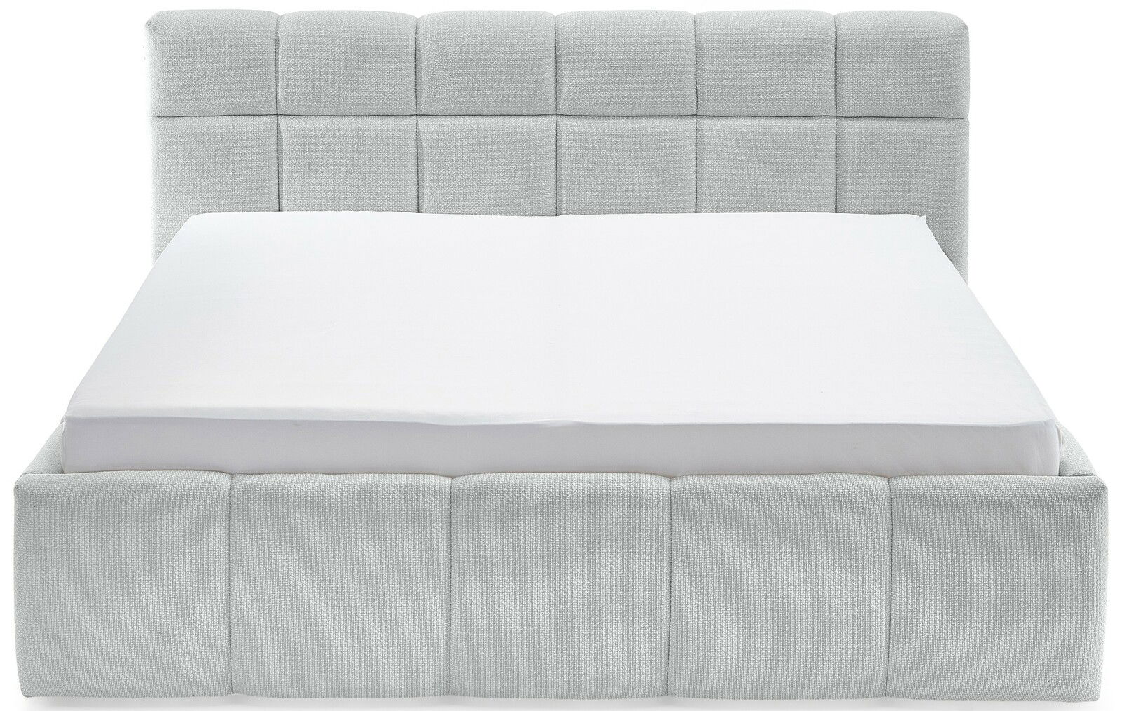 Frontale Ansicht eines modernen Polsterbetts mit gepolstertem Kopfteil in hellem Stoff.