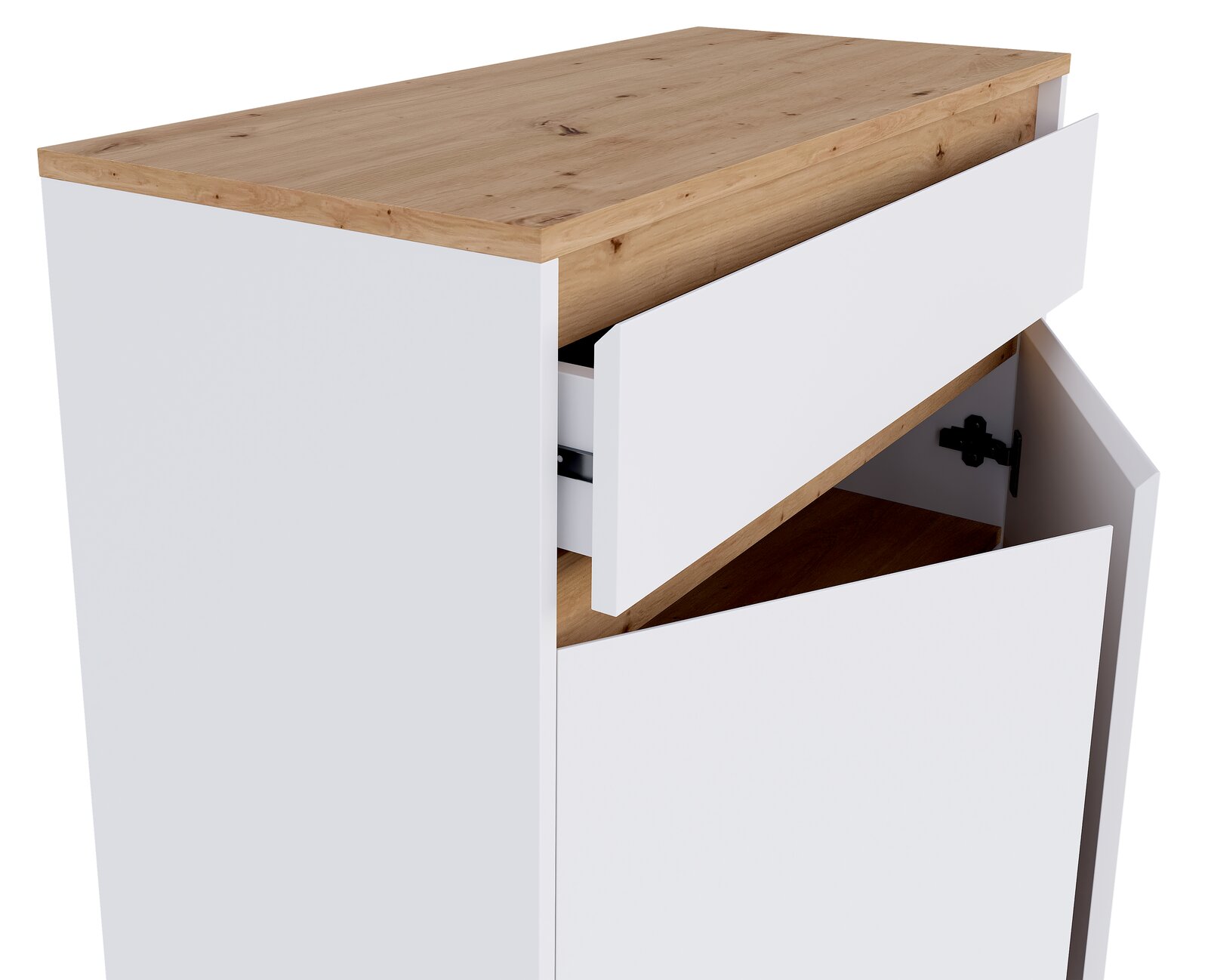 Weißer Schrank mit Holzplatte in Eichenoptik, Schublade und Tür teilweise geöffnet, Detailansicht aus schräger Vorderansicht von oben.