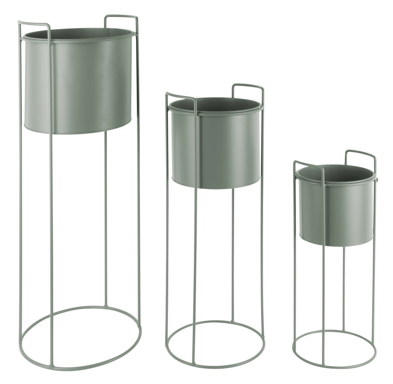Dreiteiliges Pflanzgefäß-Set Essence in verschiedenen Höhen, aus Metall mit minimalistischen Ständern, seitliche Perspektive.