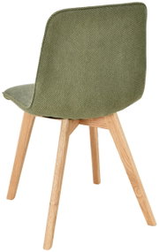 Rückansicht eines modernen Stuhls mit grünem Stoffbezug und Holzbeinen.