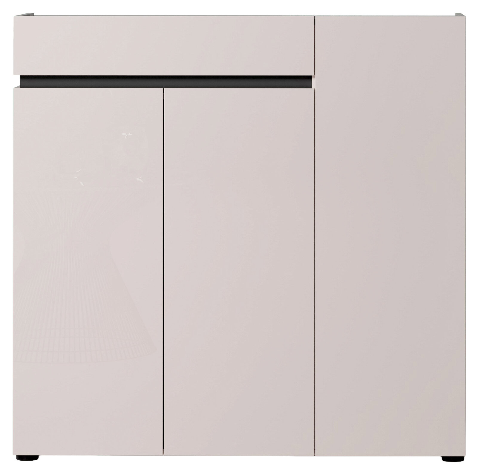 Minimalistischer, hellgrauer Schrank/Sideboard mit glatten Fronten und schmaler Schattenfuge, frontale Ansicht
